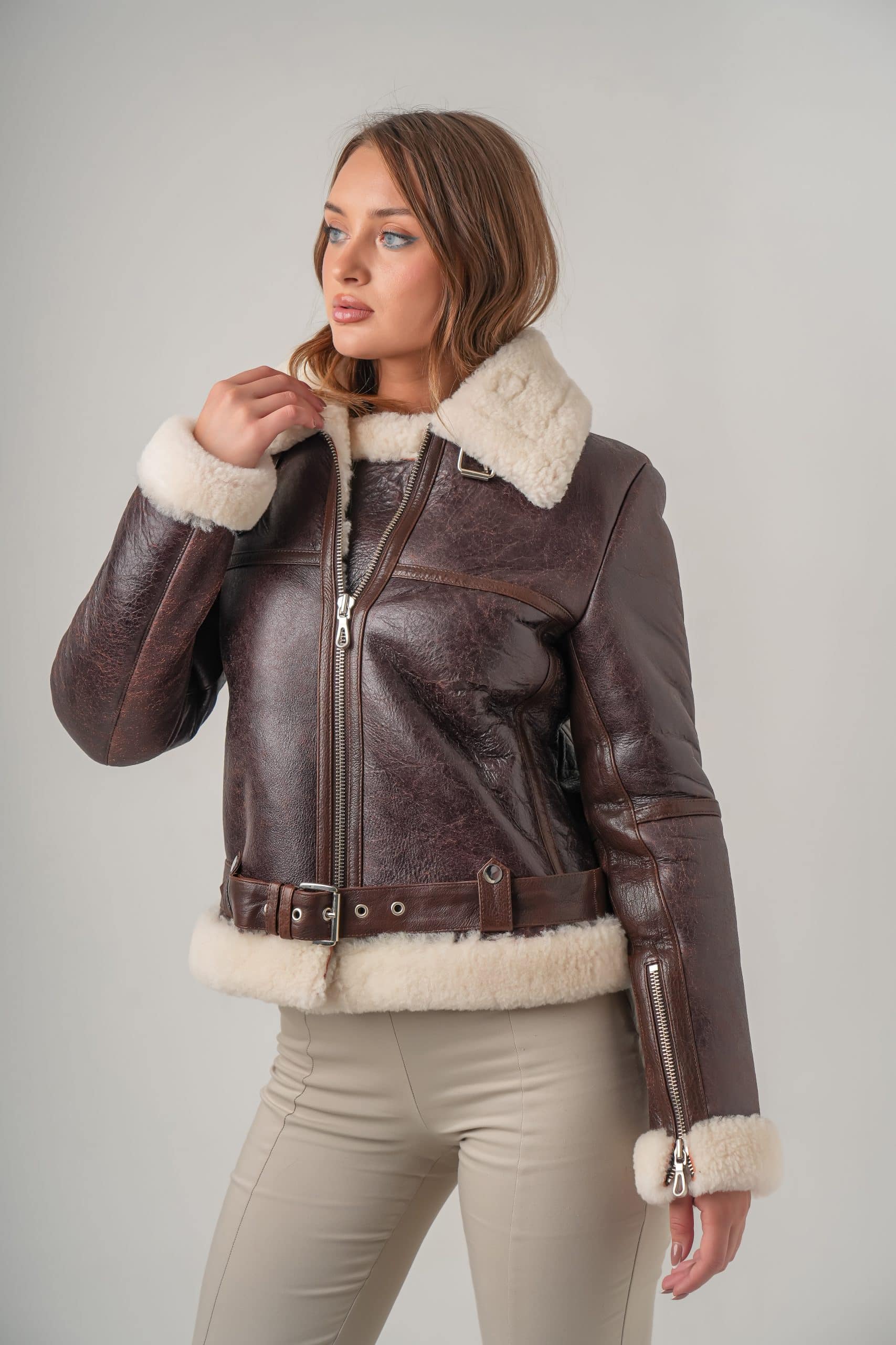 KB-936 Brown White Wool Curly Shearling Pilot