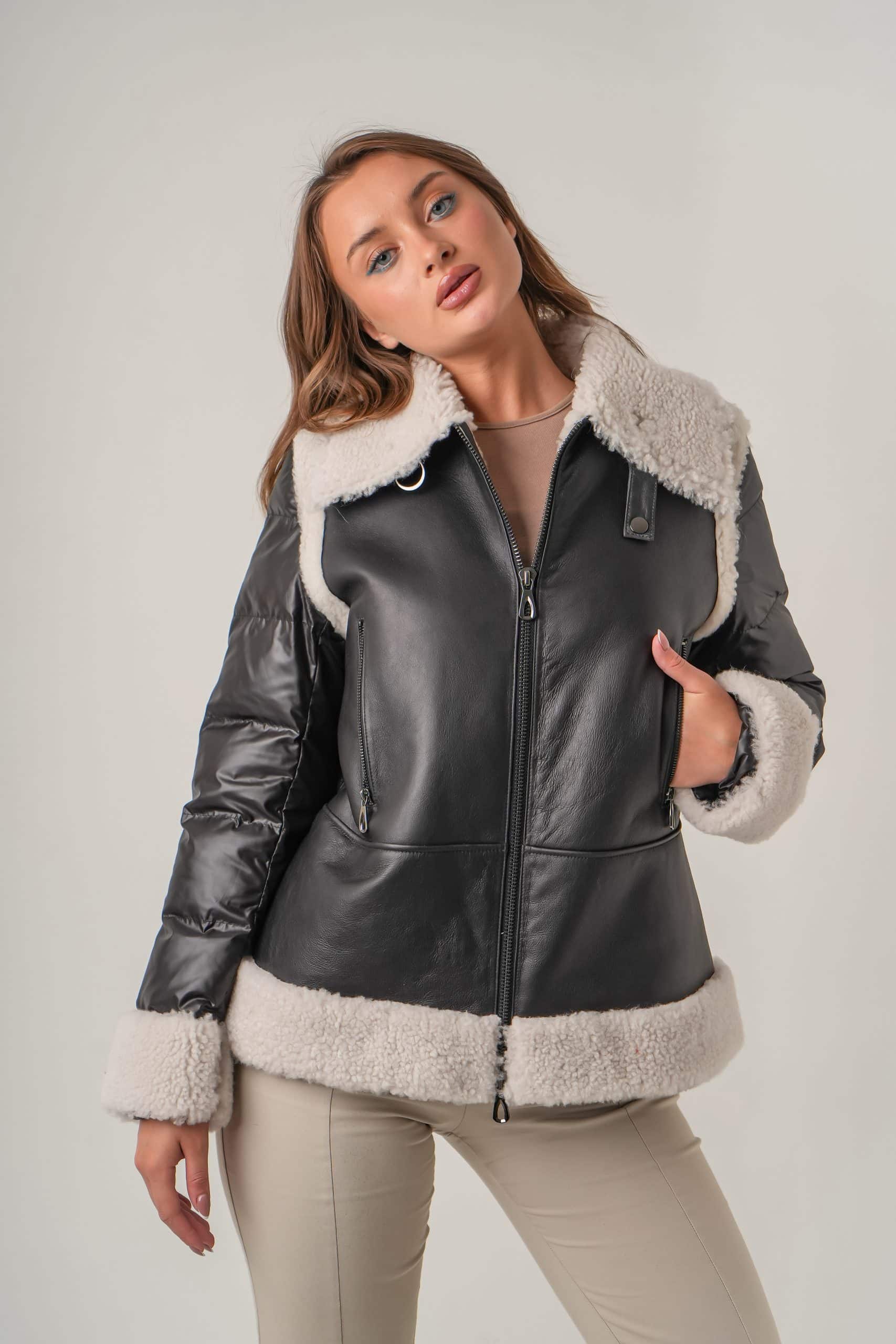 KB-982 Black-White Wool Curly With Fabric Shearling