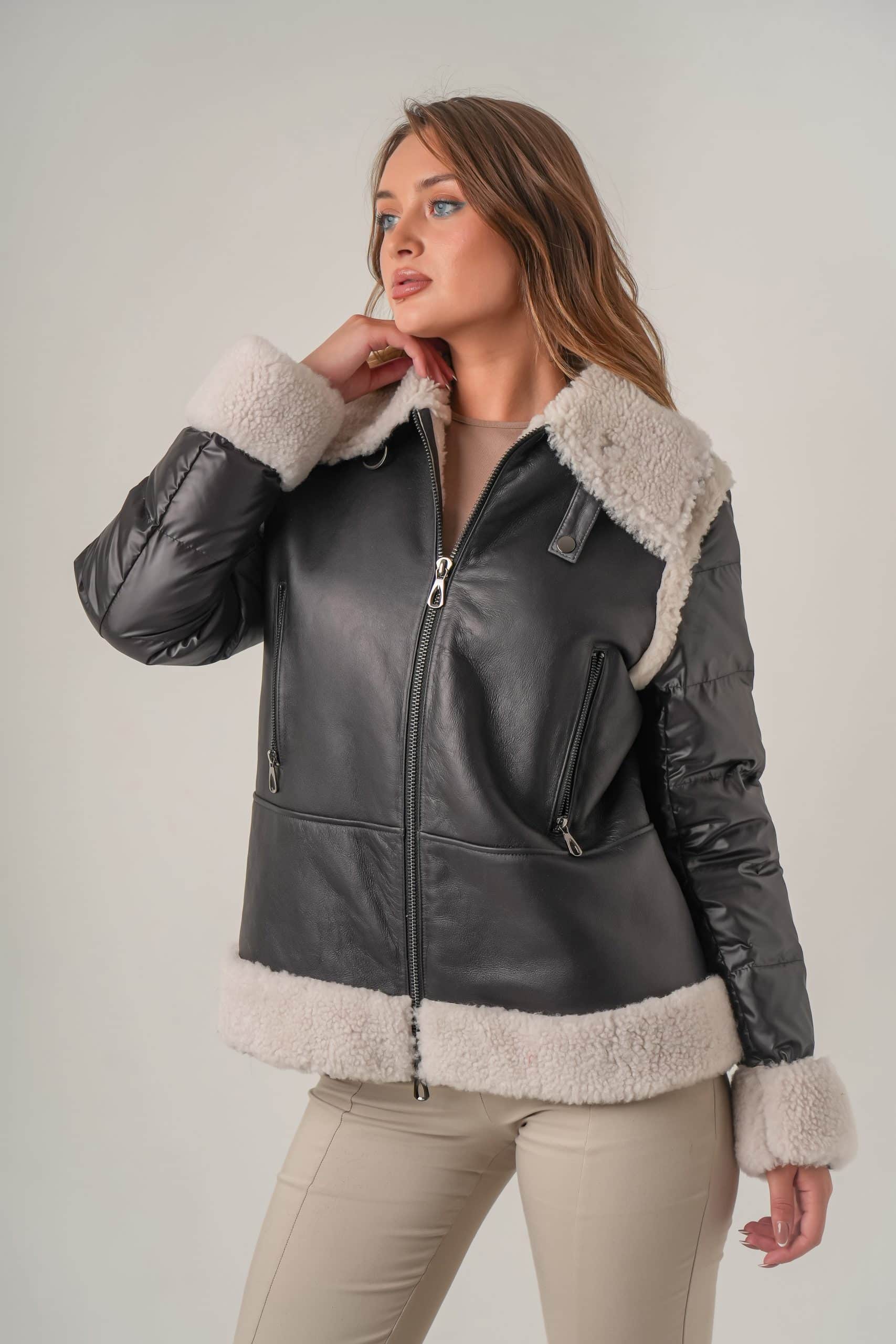 KB-982 Black-White Wool Curly With Fabric Shearling